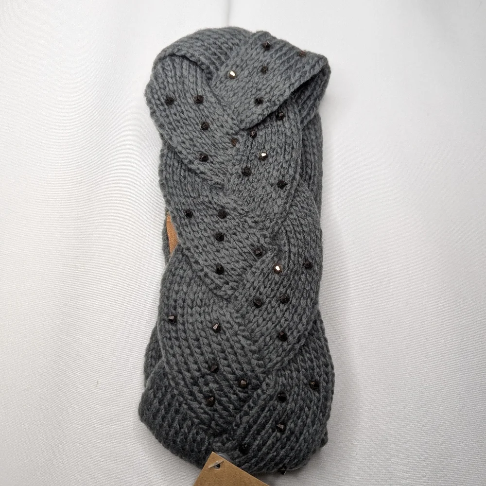 New C.C Womens Gray Knit Diamond Geometric Beaded Chunky Knit Braided Headband